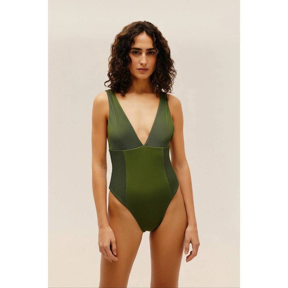 NEW HAIGHT ribbed raquel v-neck swimsuit in olive green